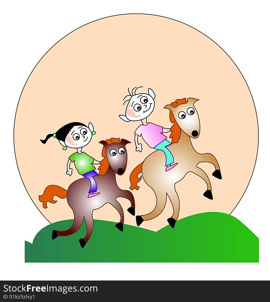 Beautiful riding two kids colourful cartoon. Beautiful riding two kids colourful cartoon