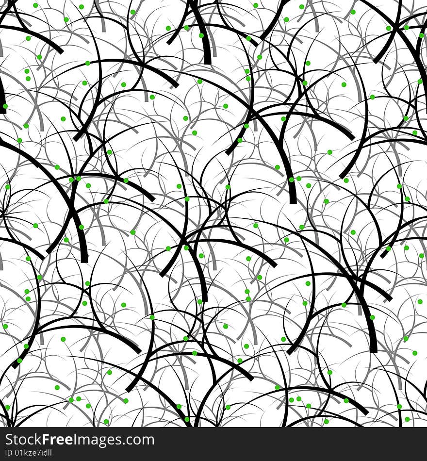 Seamlessly vector wallpaper with art black trees and green berries. Seamlessly vector wallpaper with art black trees and green berries