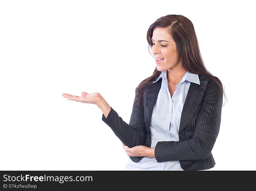 Business woman holding out hand isolated on white. Business woman holding out hand isolated on white