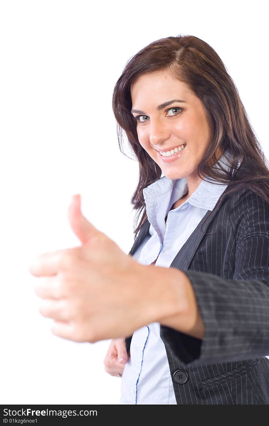 Business woman thumbs up isolated on white. Business woman thumbs up isolated on white