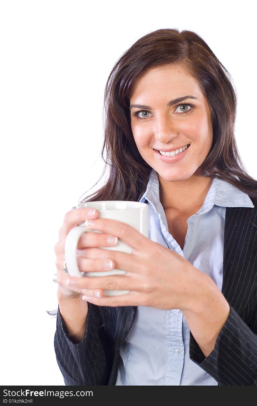 Business woman drinking coffee isolated on white. Business woman drinking coffee isolated on white