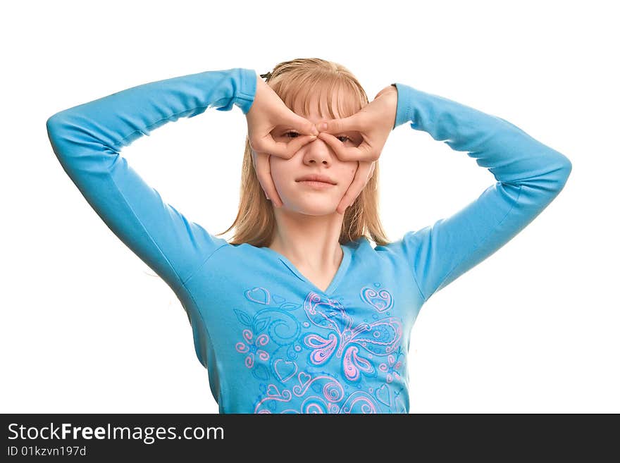 Young blonde girl with hands near face as batman. Young blonde girl with hands near face as batman