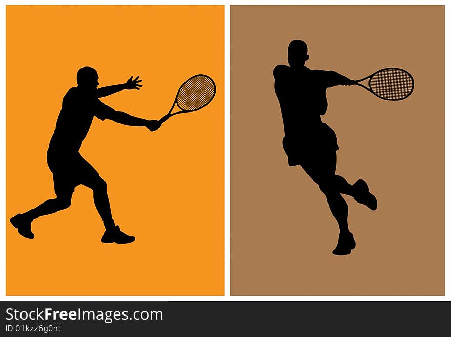 Tennis player silhouettes with rackets on white background