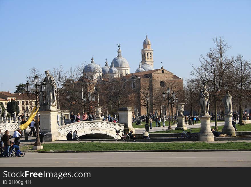 View of Prato della Valle and Santa Giustina church in Padua. View of Prato della Valle and Santa Giustina church in Padua