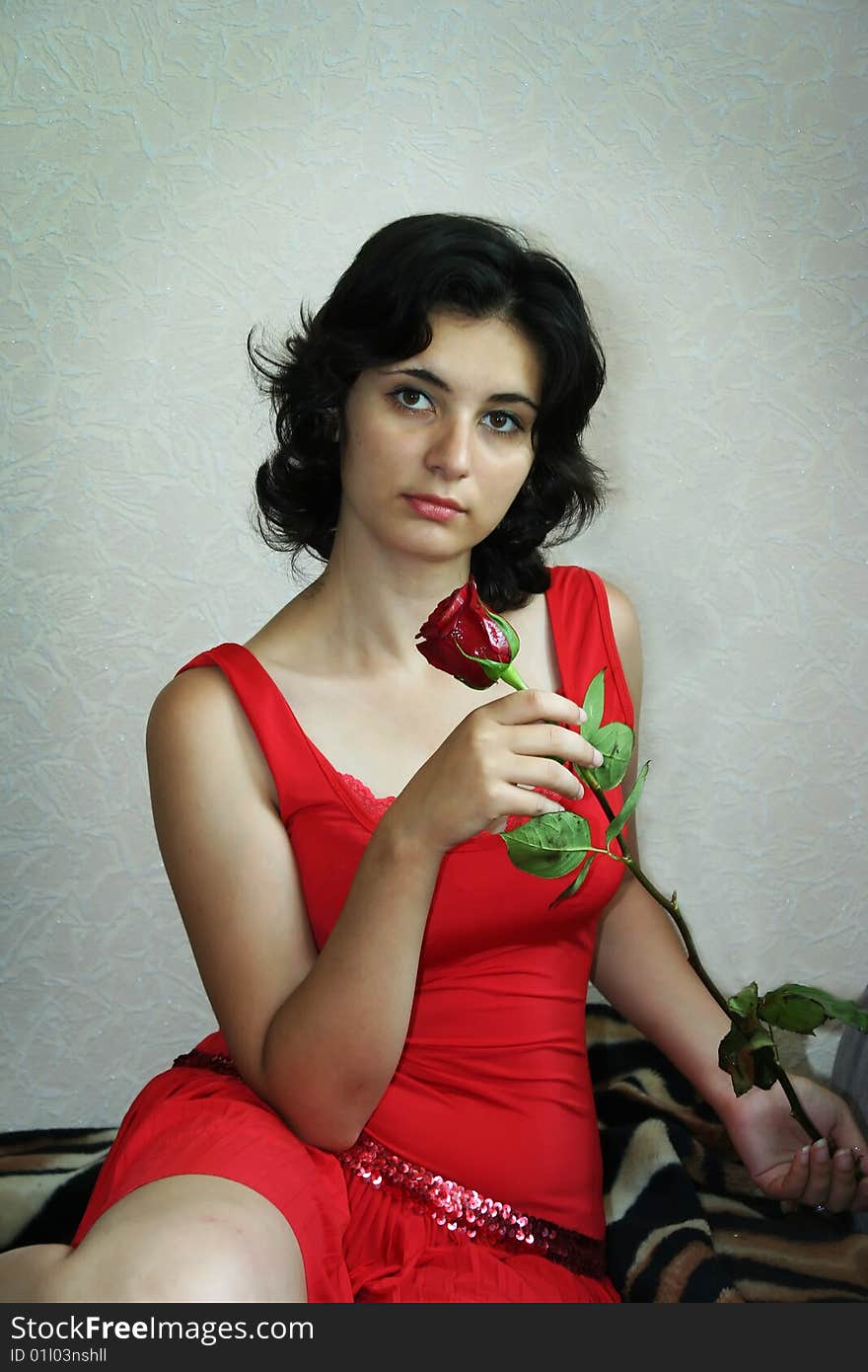 The beautiful girl holds a scarlet rose. The beautiful girl holds a scarlet rose