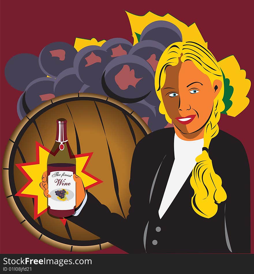 Vector illustration of a girl holding bottle of wine and with a barrel and grapes in background