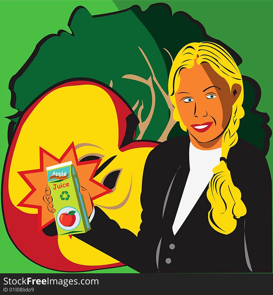 Vector illustration of a girl holding apple juice. Vector illustration of a girl holding apple juice