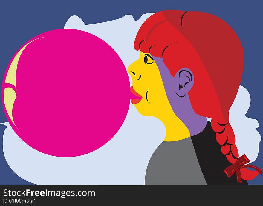 Vector illustration of a young girl with a bubble gym in pop-art style. Vector illustration of a young girl with a bubble gym in pop-art style