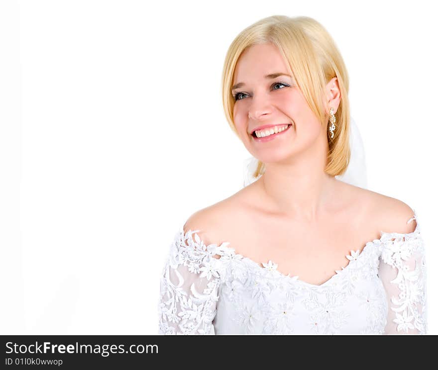 Beauty young bride in white dress isolated