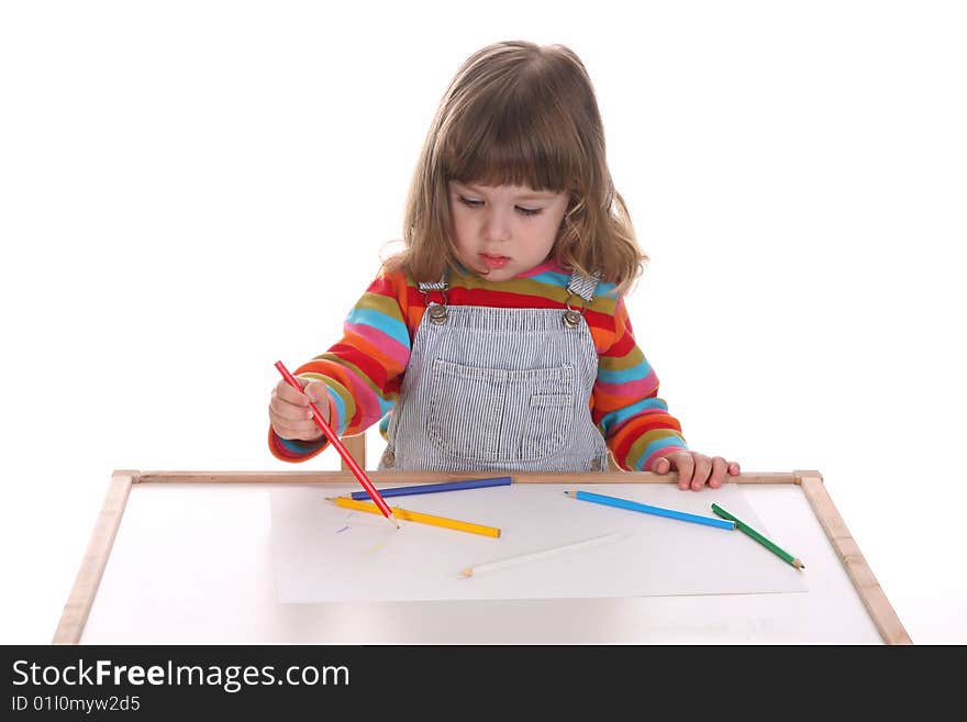 Beauty a little girl drawing, on white background