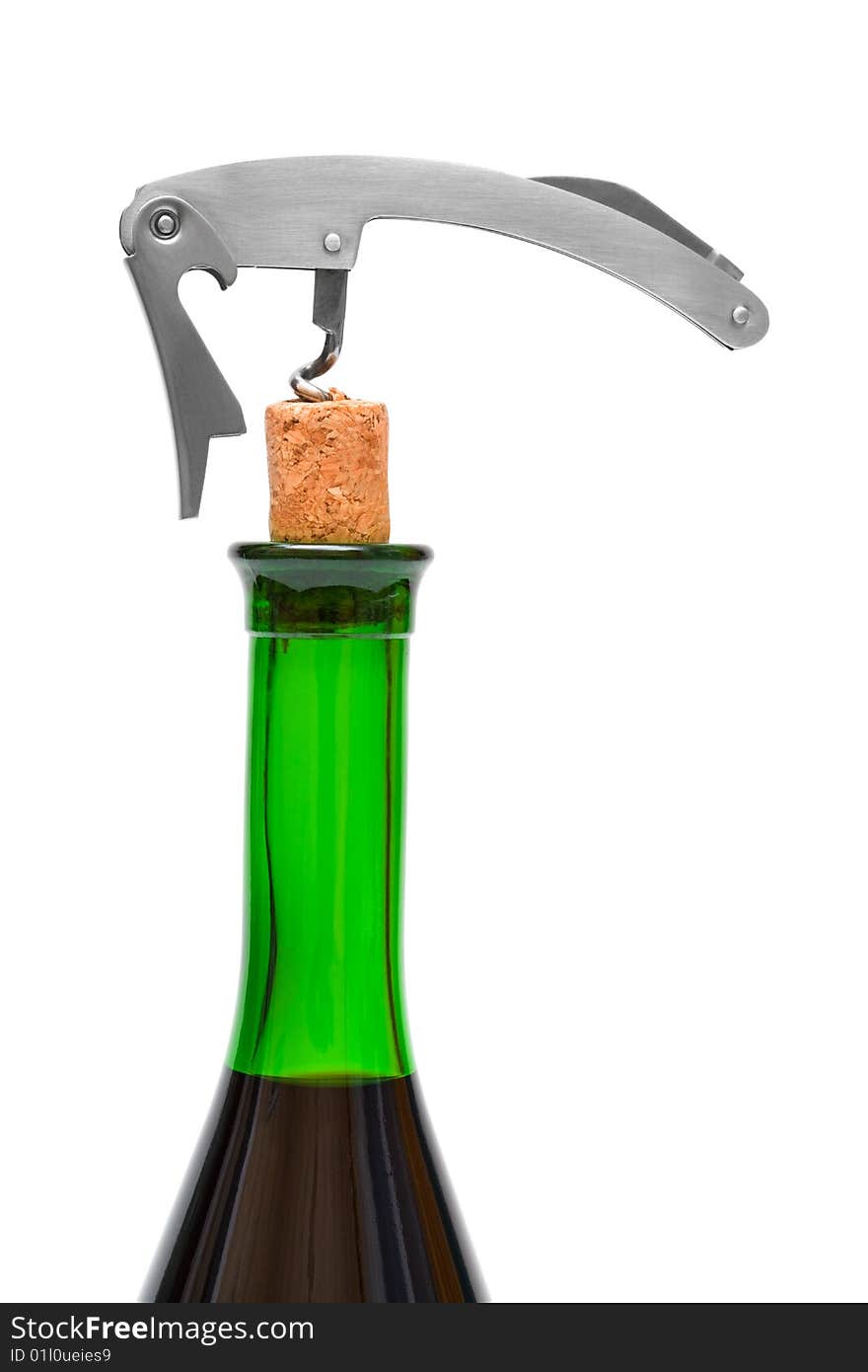 Corkscrew, cork and bottle on a white background