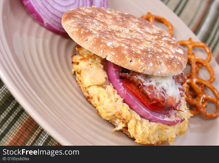 Tuna melt sandwich with tomato, onion and bacon and pretzels on the side. Tuna melt sandwich with tomato, onion and bacon and pretzels on the side