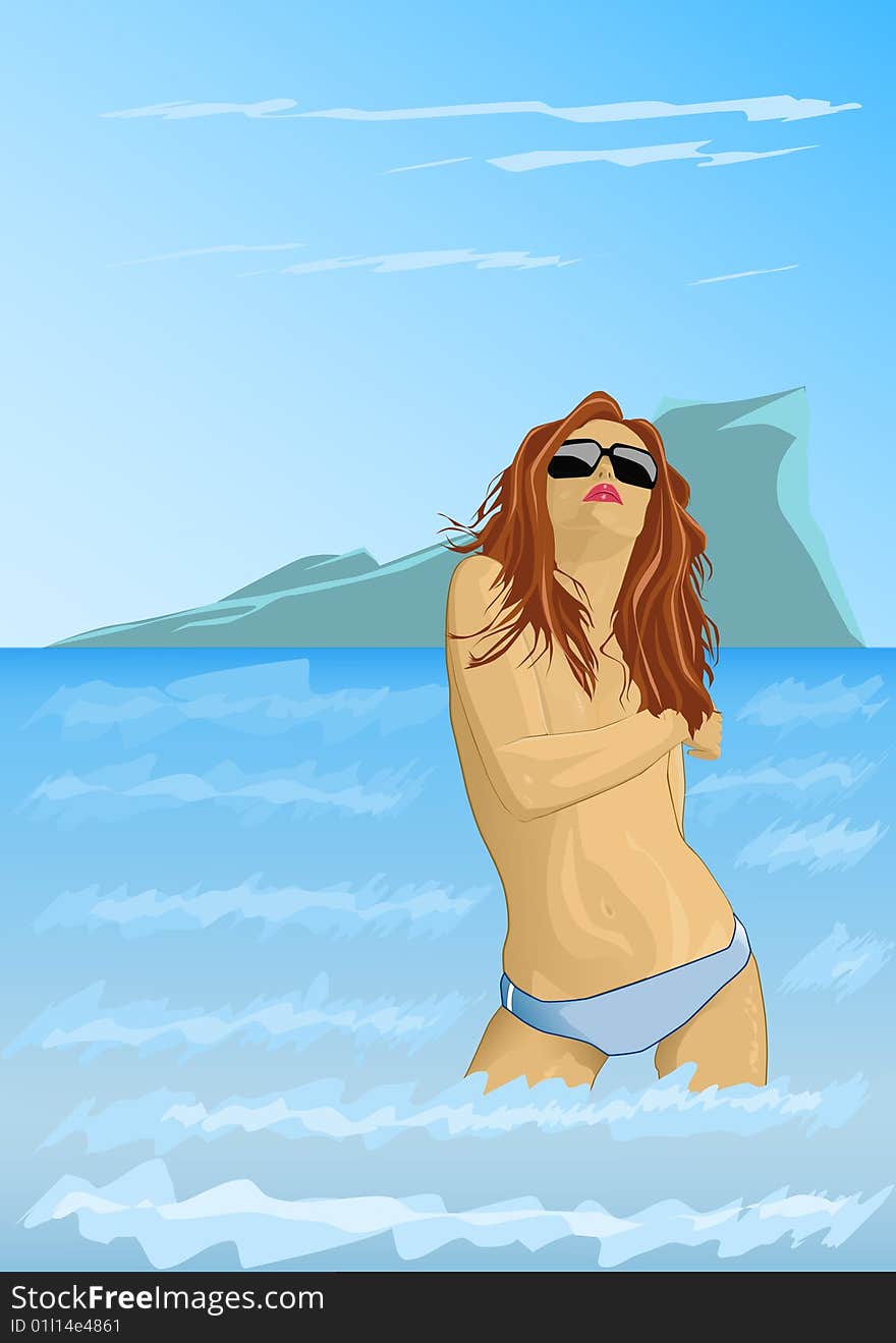 Illustration of a girl with black glasses in the sea. Illustration of a girl with black glasses in the sea