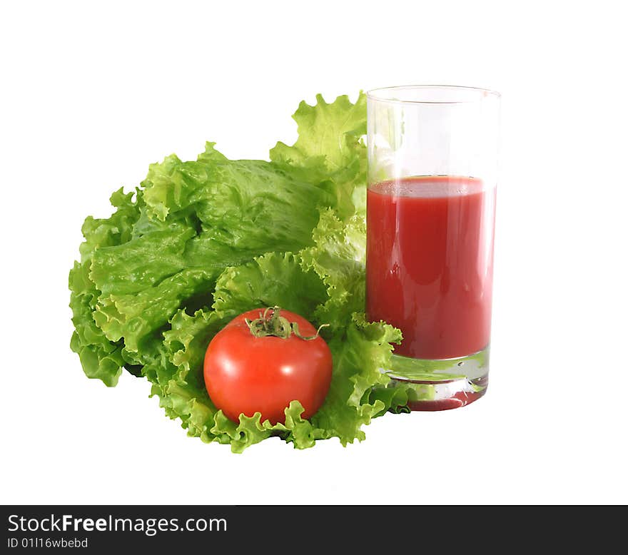 Sheet salad, tomato and juice on a white background. Sheet salad, tomato and juice on a white background.