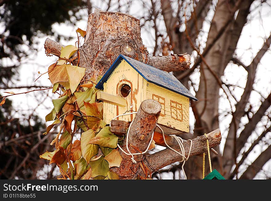 Yellow wooden birdhouse in early spring. Yellow wooden birdhouse in early spring