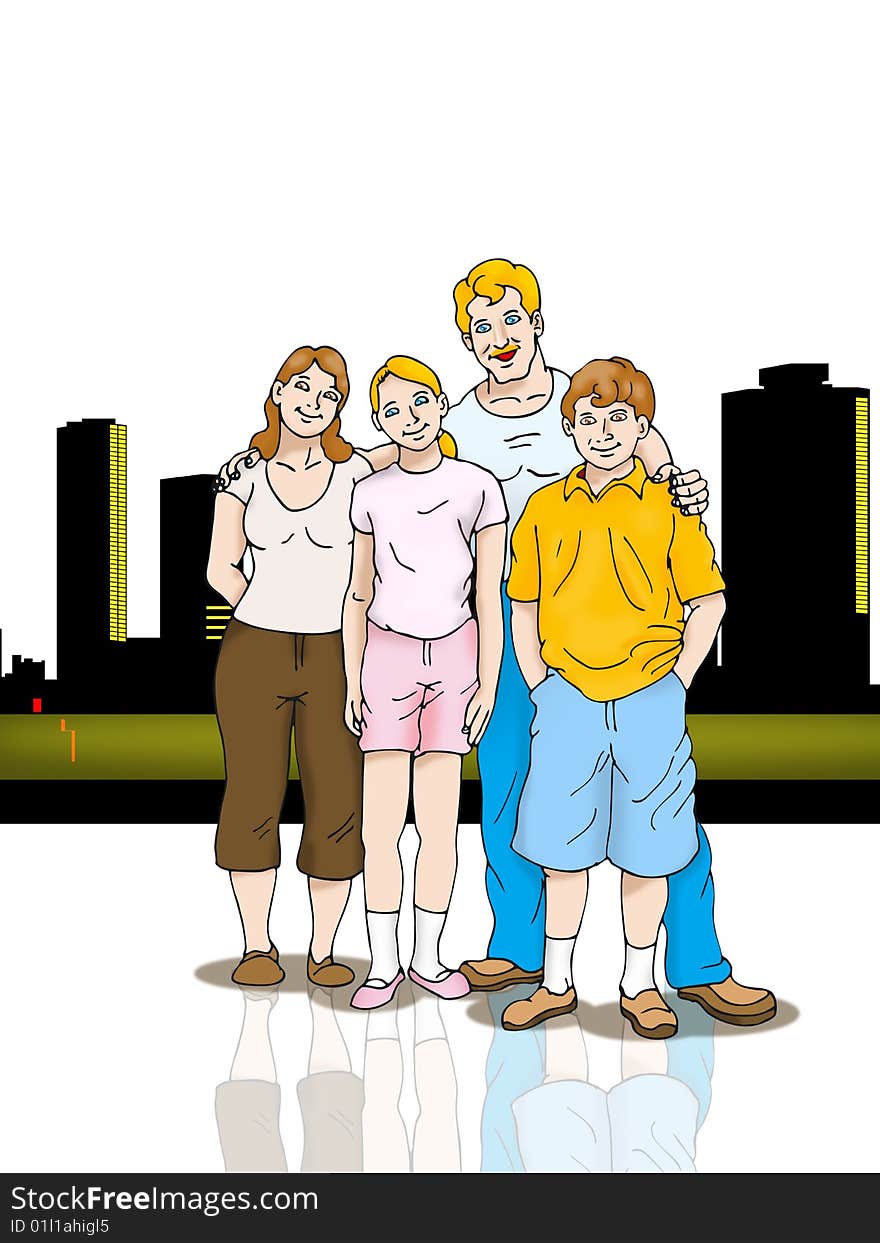 Portrait of Caucasian family of four posing on city scape looking at viewer smiling.