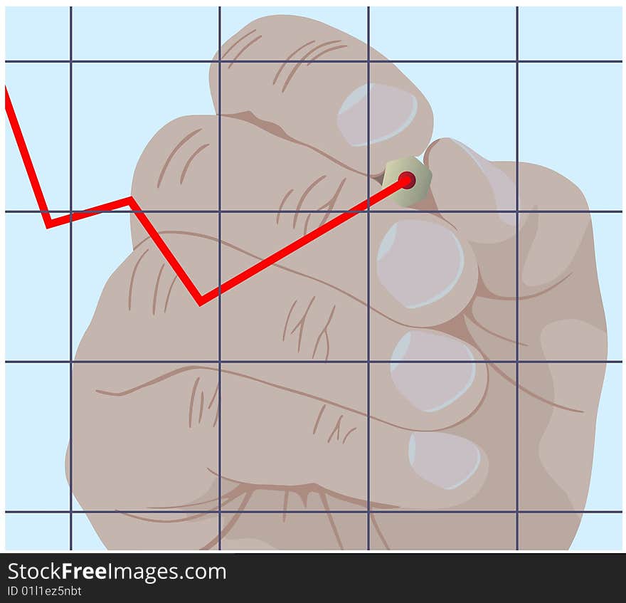 The vector image of a hand with a pencil, drawing the diagram on glass. The vector image of a hand with a pencil, drawing the diagram on glass.