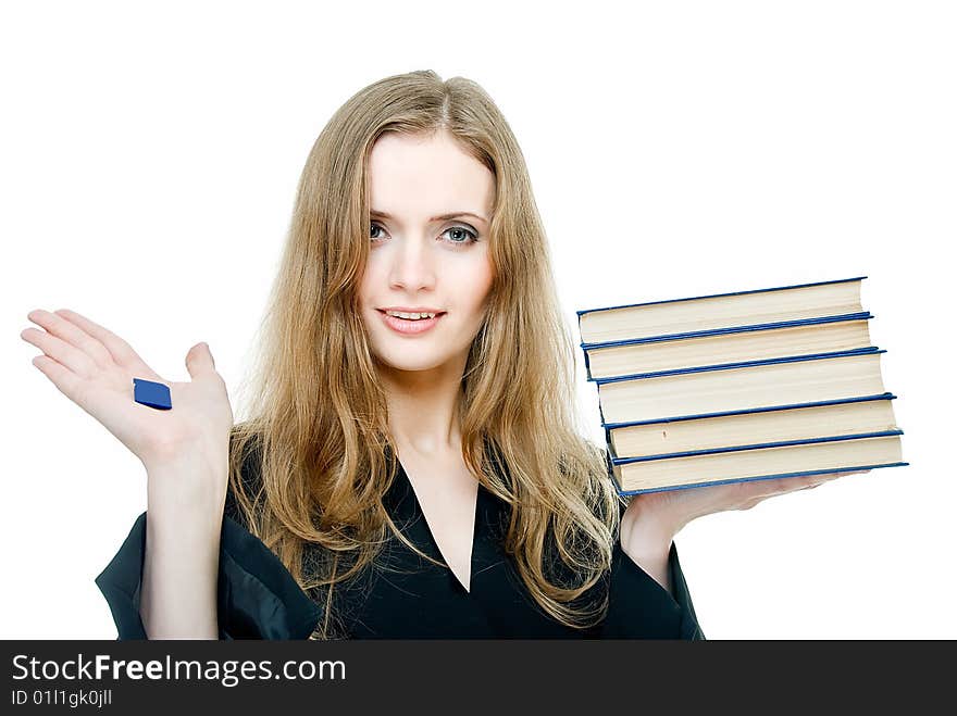 Smiling young woman with books and digital memory card. Smiling young woman with books and digital memory card