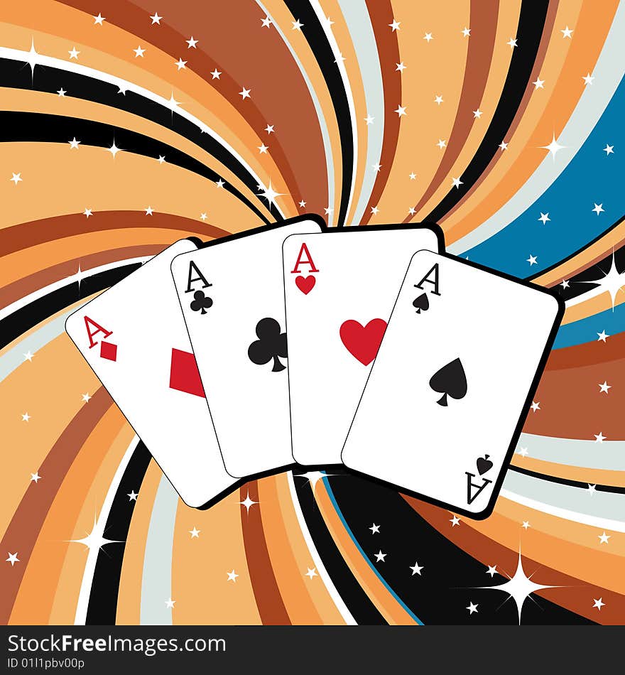 Vector illustration of gambling cards set on the beautifull background, decorated with stars and waves.