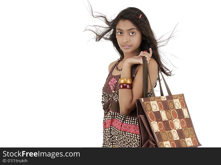 Portrait of girl hanging jute bag. Portrait of girl hanging jute bag