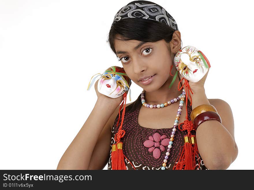 Closeup of beautiful girl holding two mask. Closeup of beautiful girl holding two mask