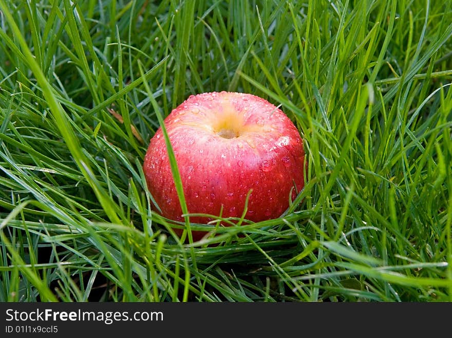 A close up of a apple in a green glass.