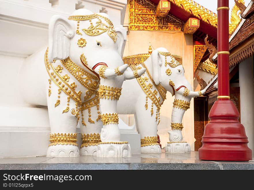 Elephants in traditional Thai style molding art, Wat Klang Wiang, Chiang Rai province, Thailand