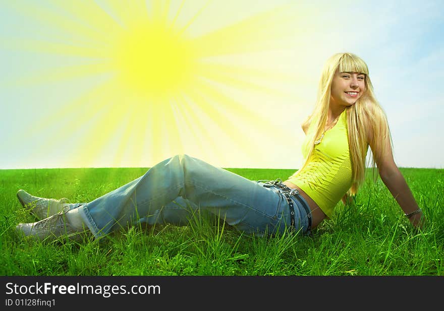 Beauty young woman jump in field