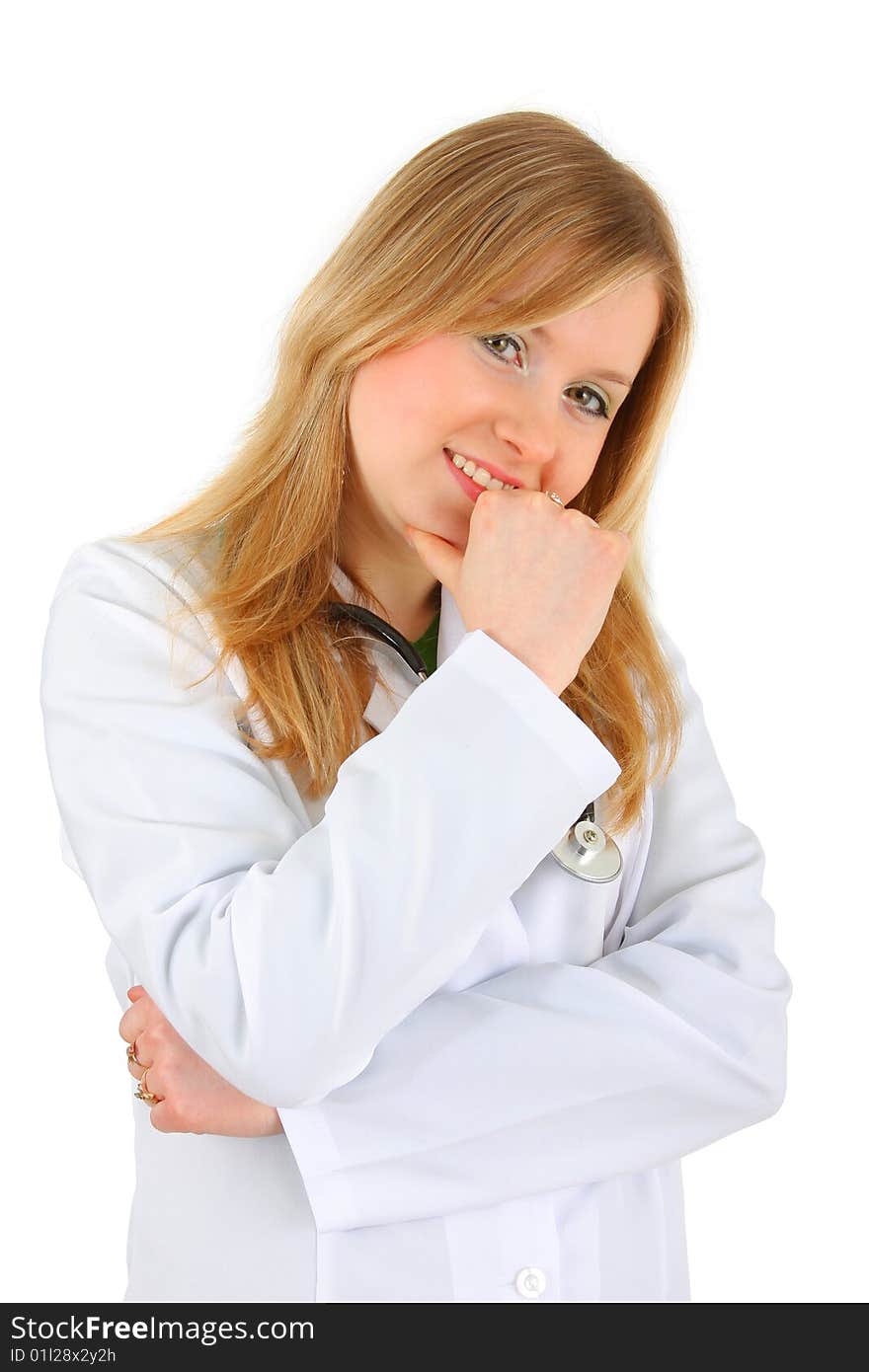 Beautiful lady doctor on white background