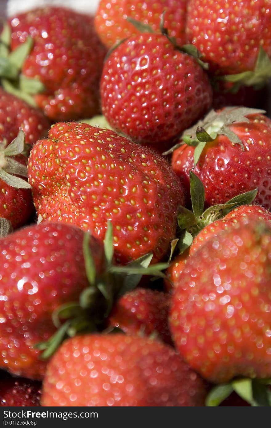 Fresh strawberries in sunlight at a market stand