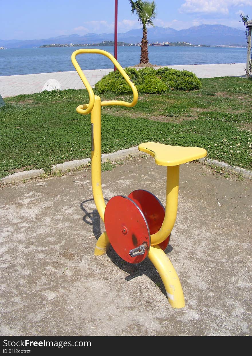 Colourful, outdoor gym equipment on the new harbour in Fethiye, Turkey.