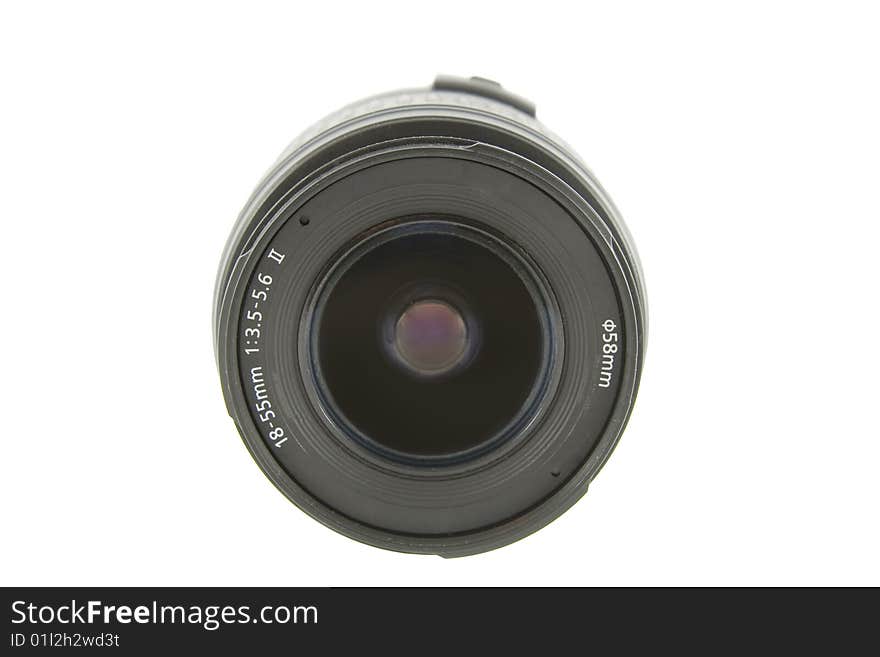 Camera lens front shot isolated on white background