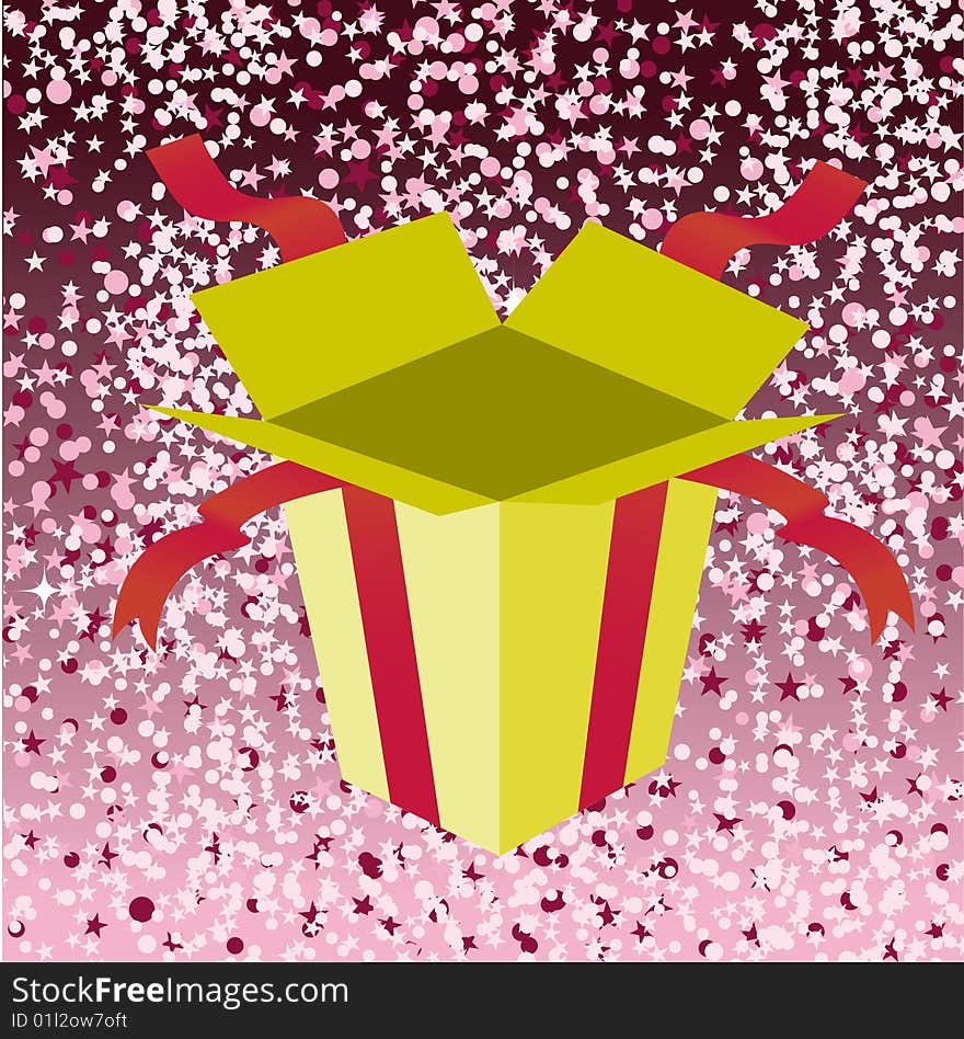 Vector Illustration of open birthday giftbox on the shiny background.