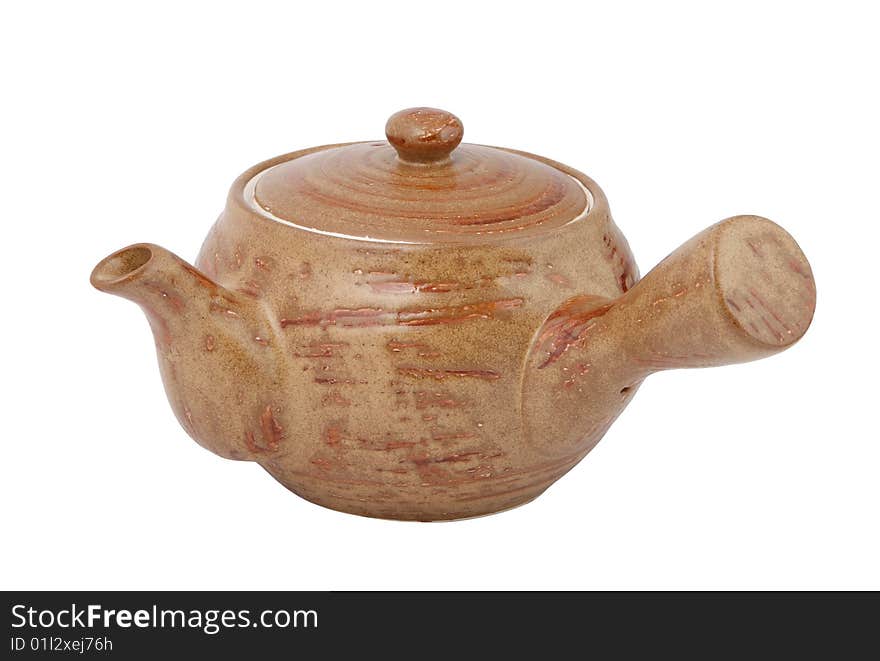 Brown ceramic teapot on white background. With clipping path.