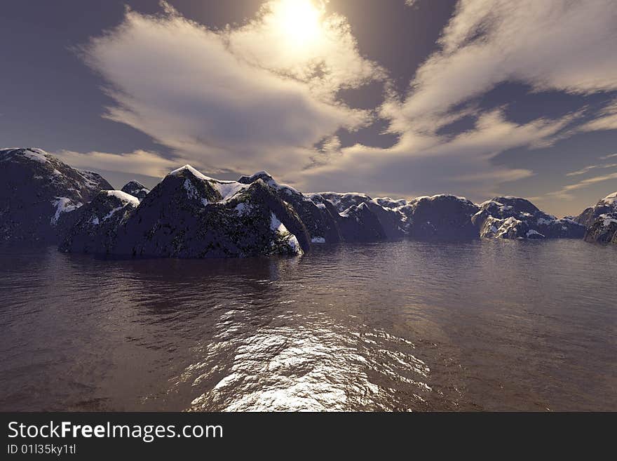 Snow capped mountains with lake. Snow capped mountains with lake