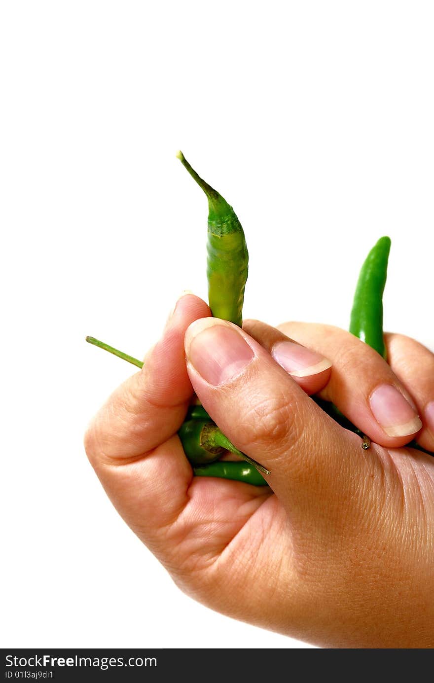 Close up capture on hand hold green spicy chili. Close up capture on hand hold green spicy chili