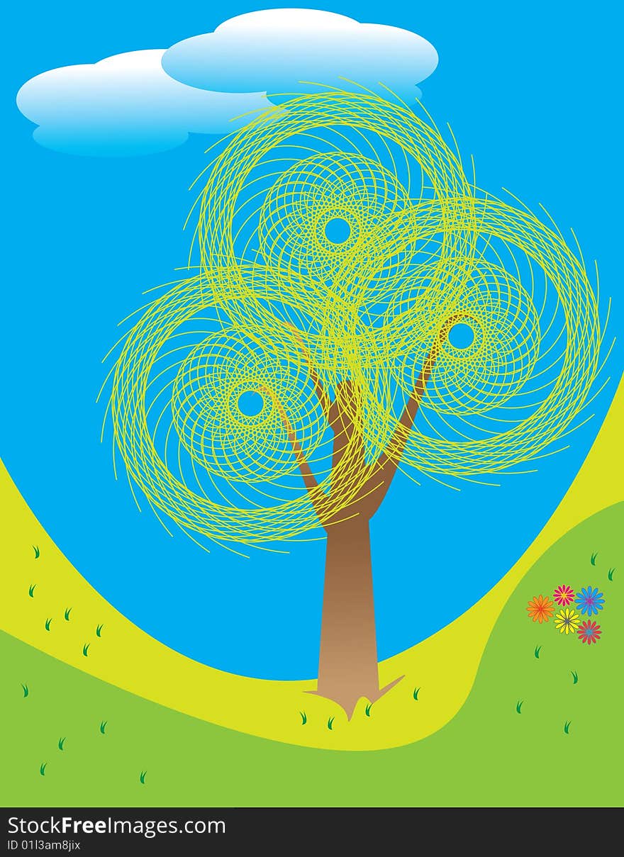 A tree with spiral foliage is featured in an abstract nature illustration. A tree with spiral foliage is featured in an abstract nature illustration.