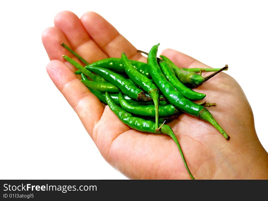 Close up capture on hand hold red and green spicy chili. Close up capture on hand hold red and green spicy chili