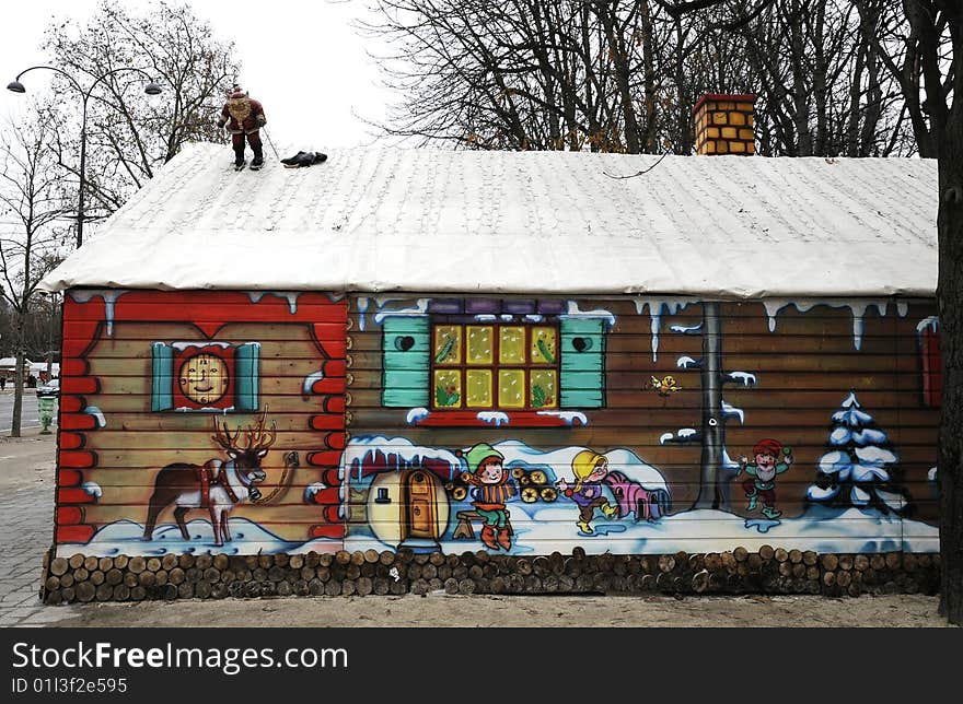 Wood house with cartoon, house in fairy tale