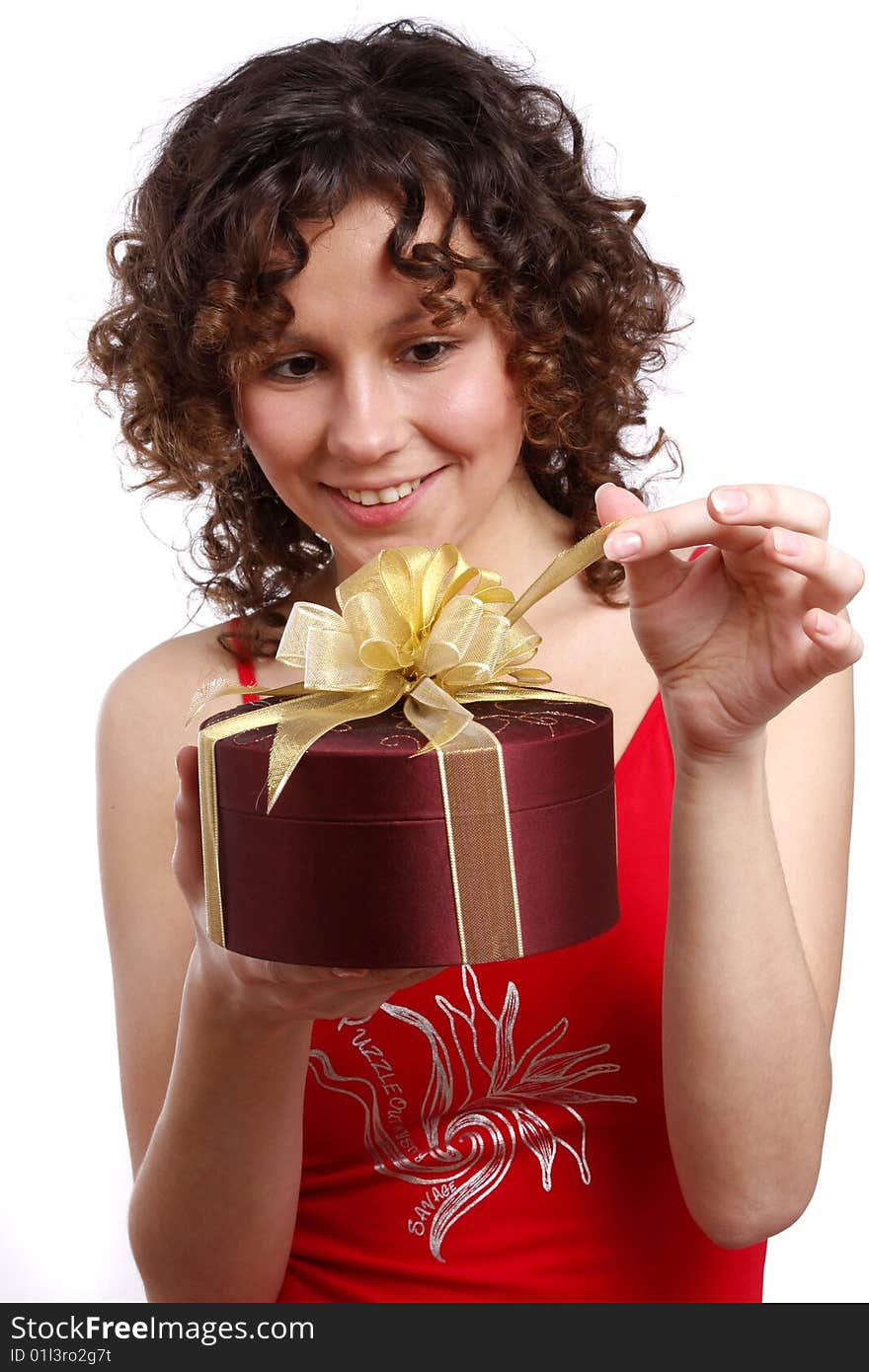 Surprise. Woman with gift.