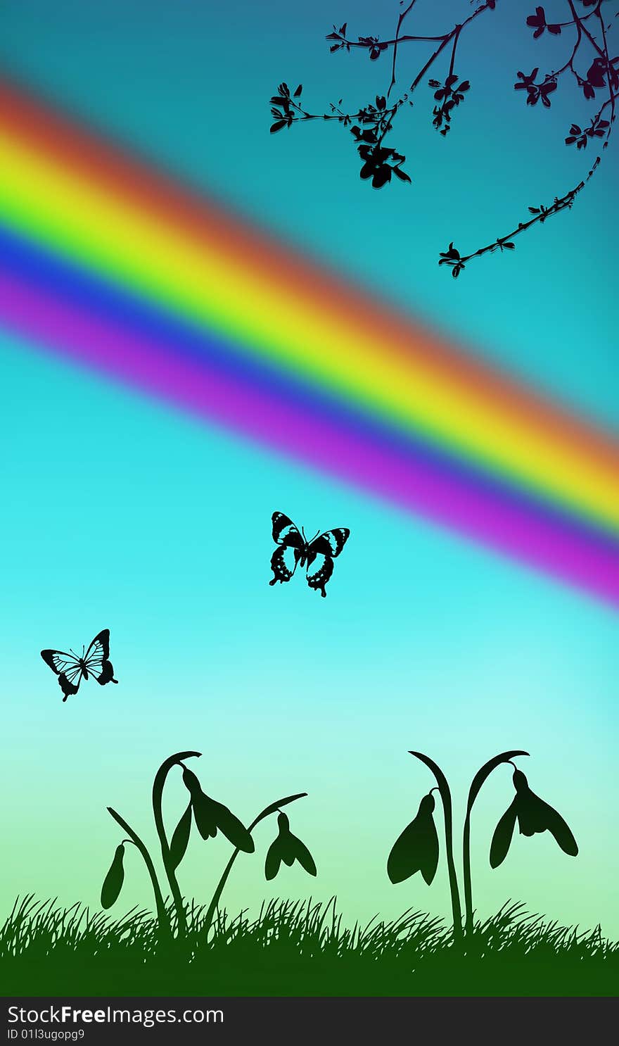 Spring illustration snowdrops butterfly rainbow