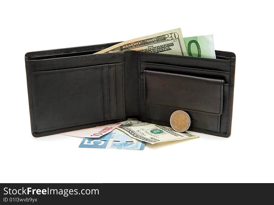 Black wallet, banknotes and coins on white background. Black wallet, banknotes and coins on white background