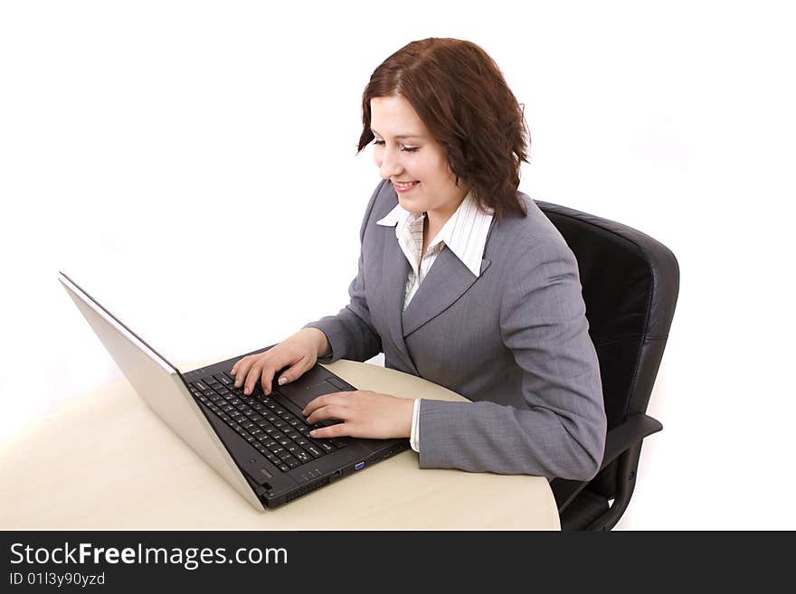 Woman with laptop on a white background