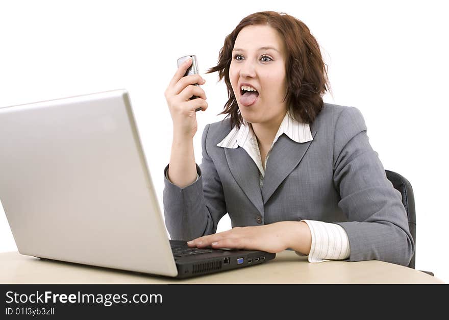 Woman with laptop on a white background