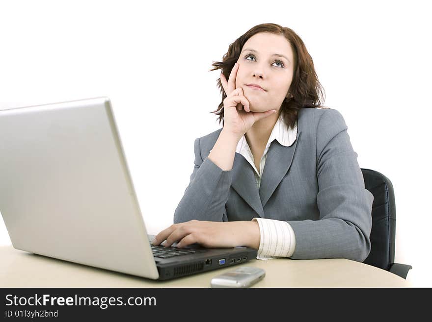 Woman with laptop on a white background