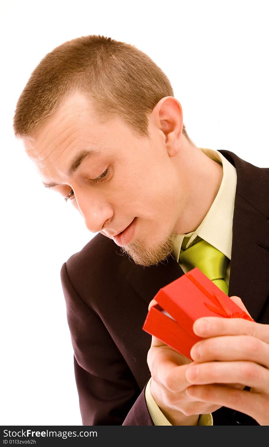 Man holding present on a white background