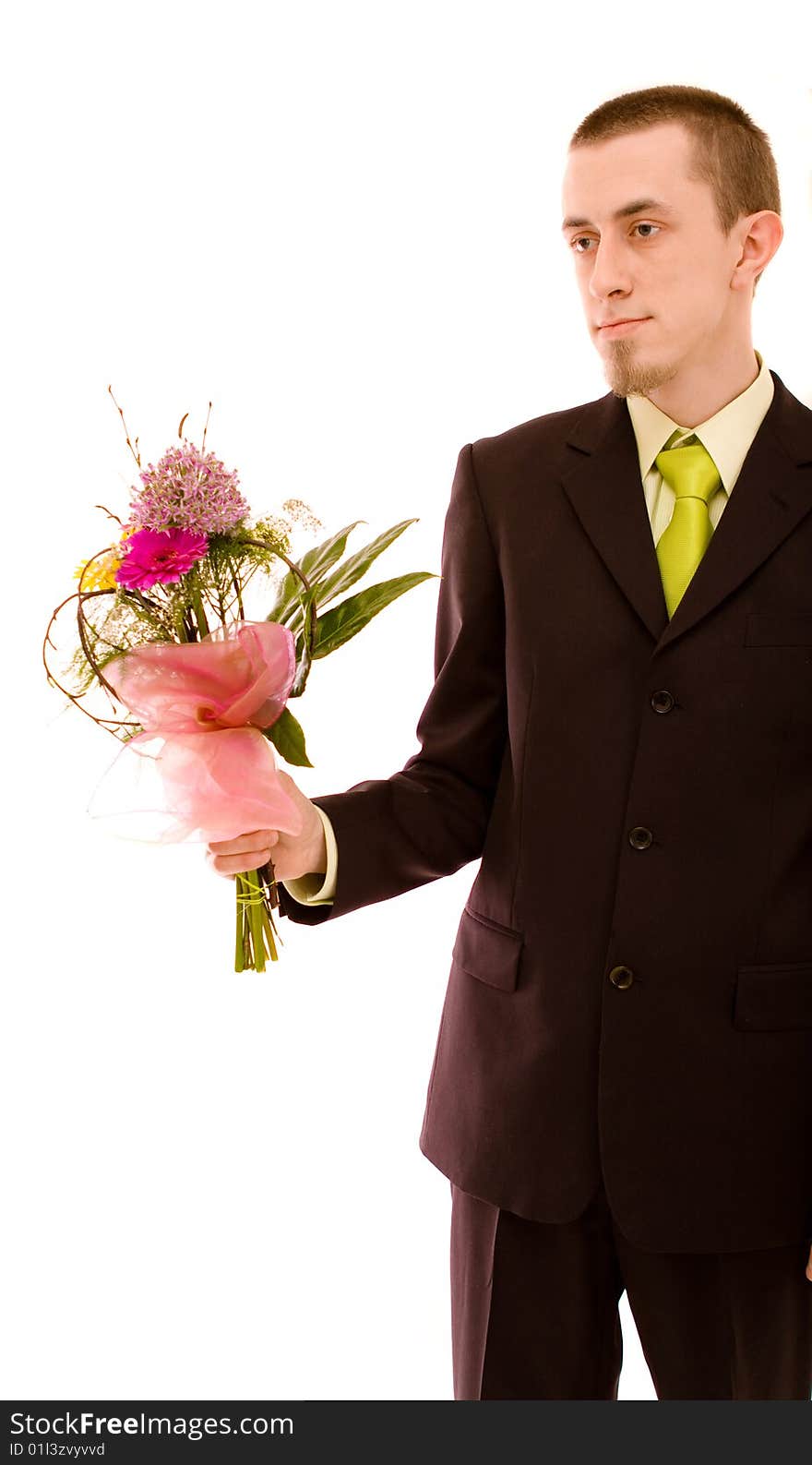 Man with flowers on white background