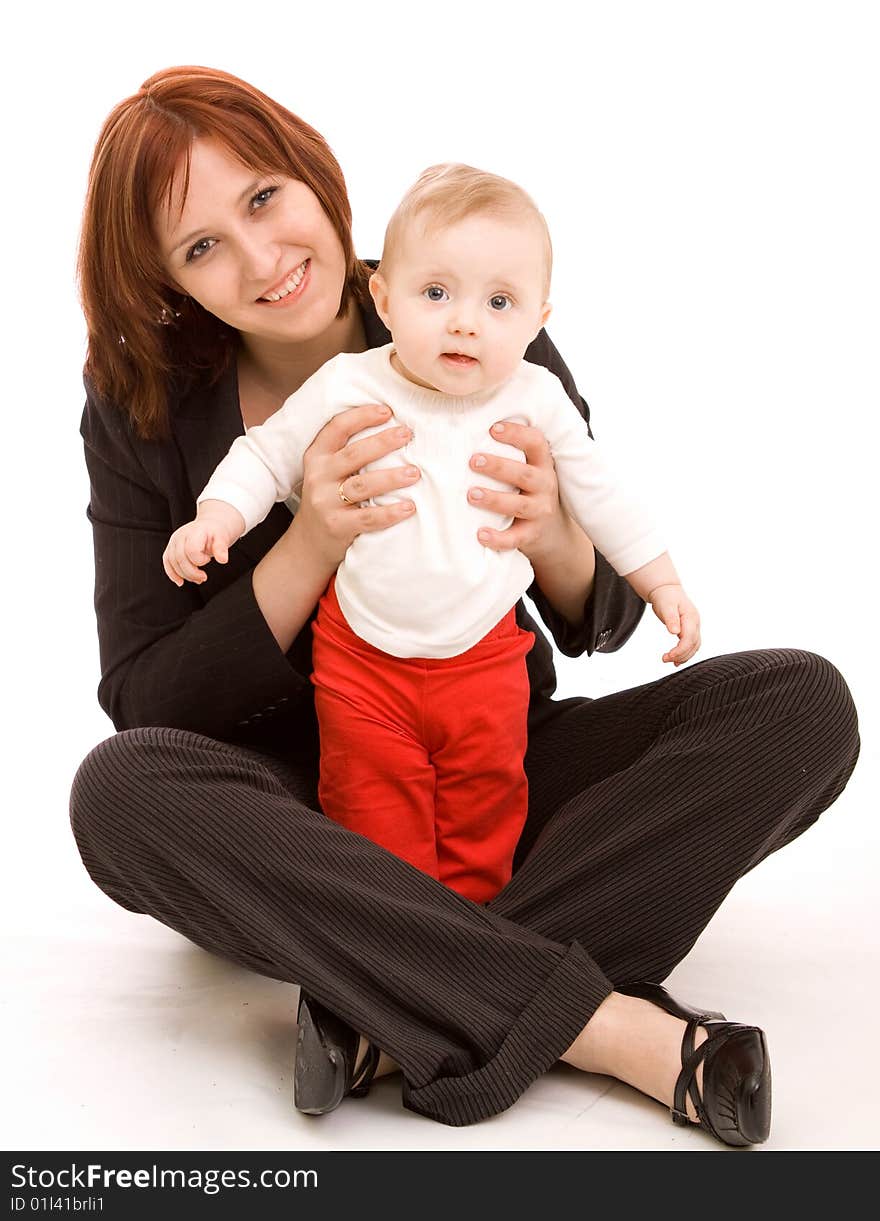 Businesswoman with baby on white