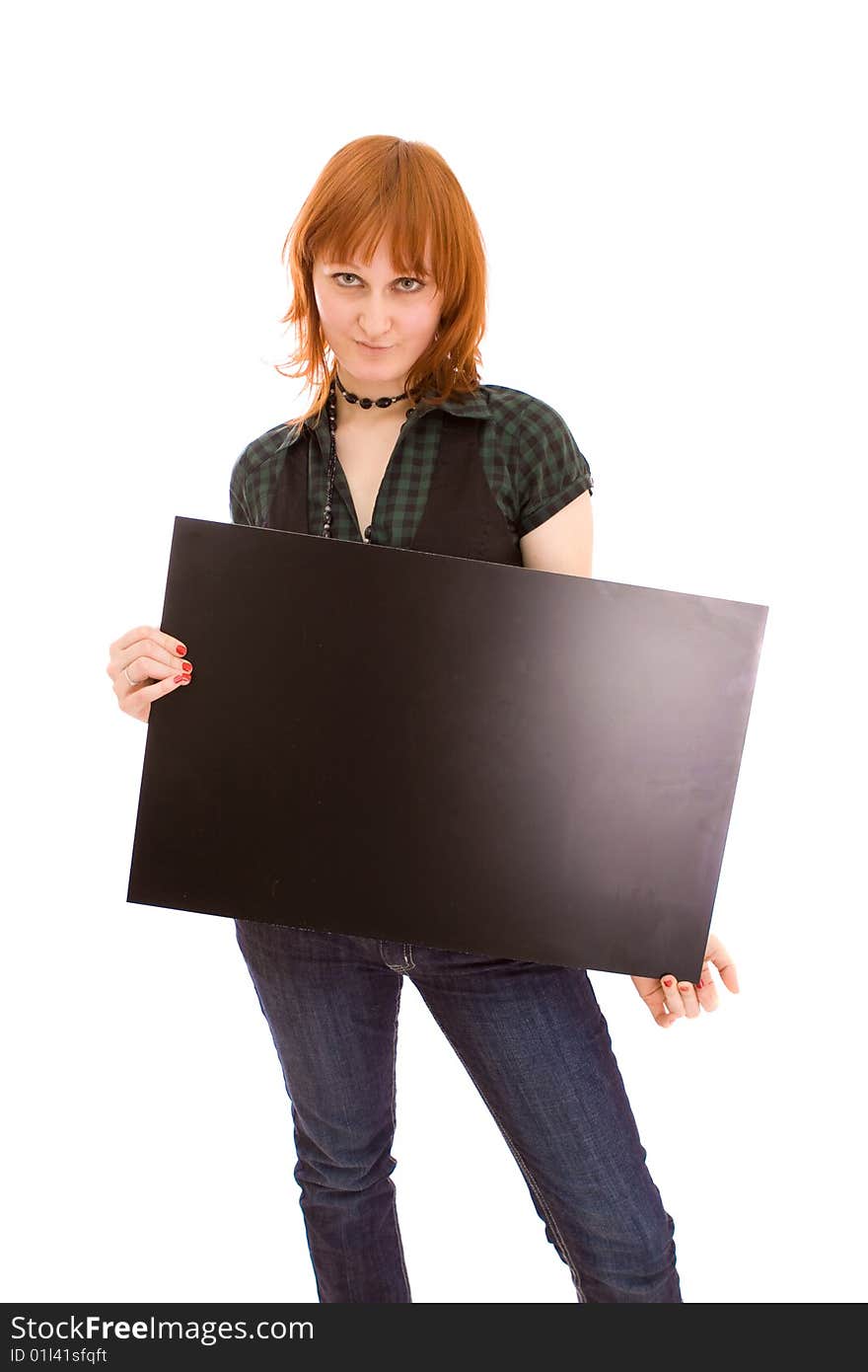 Woman holding black banner on white. Woman holding black banner on white