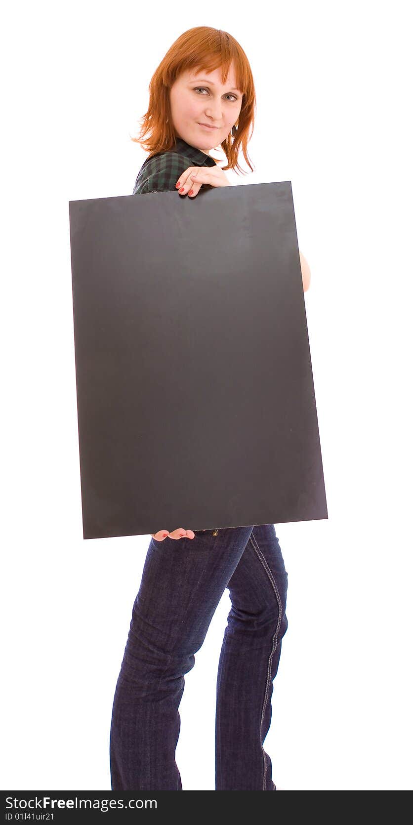 Woman holding black banner on white. Woman holding black banner on white